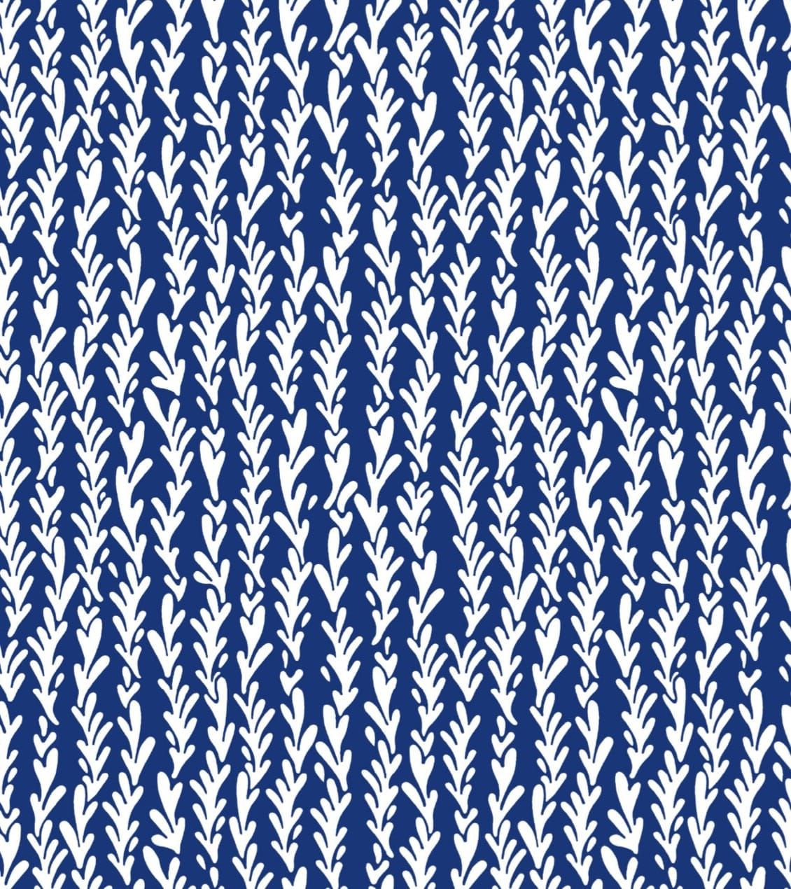 Blue and white botanical leaf pattern fabric with repeating vertical stems and foliage in a classic indigo design.