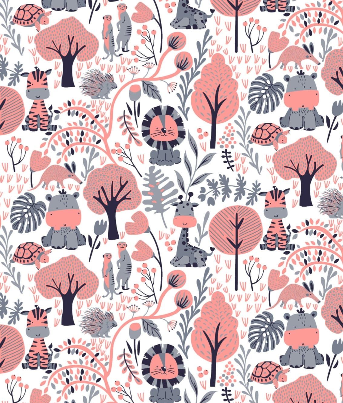 Cute safari animal pattern with lions, hippos, zebras, and turtles among pink trees on white background.