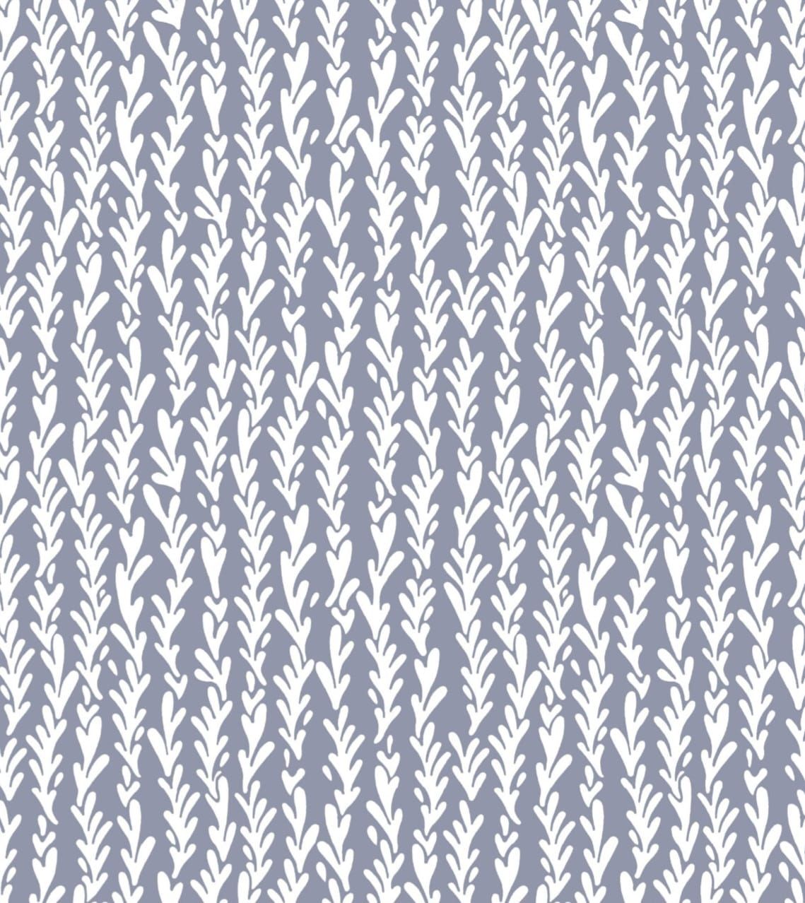 Blue and white botanical leaf pattern wallpaper with repeating vertical stems and delicate foliage design.