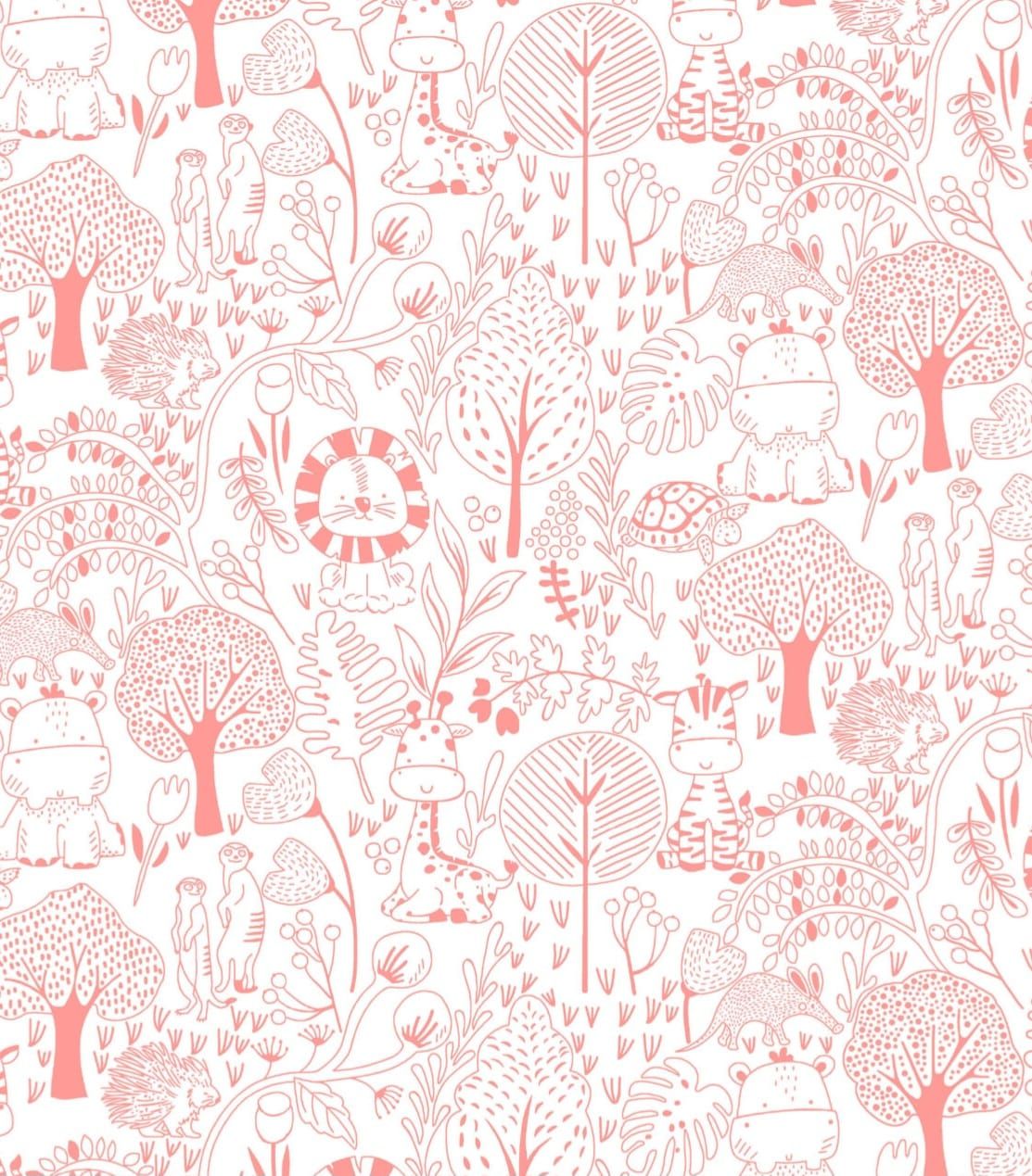 White fabric with coral pink outline illustration of jungle animals including lions, giraffes, and hippos among stylized trees.