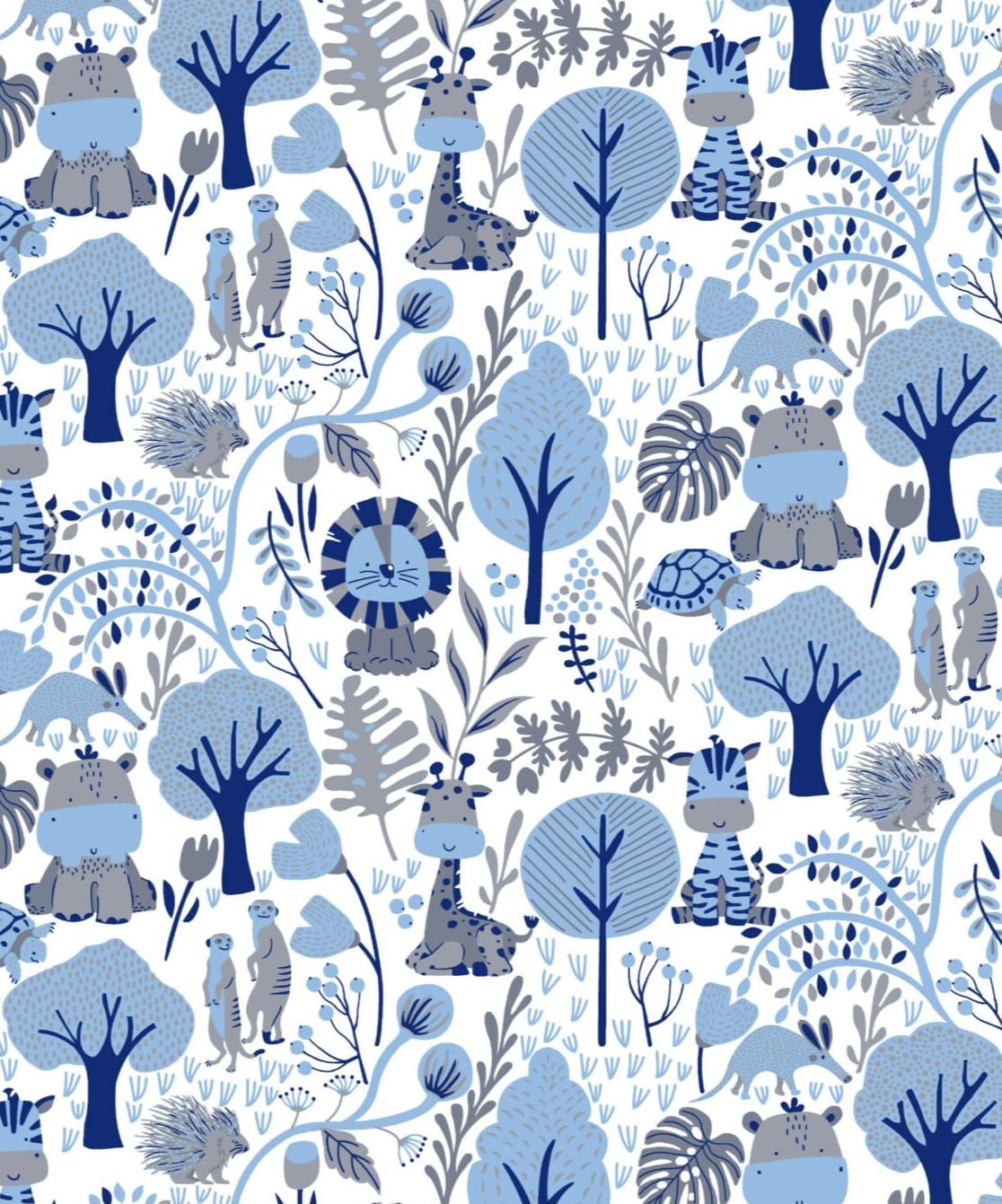 Blue and white safari animal fabric pattern with lions, giraffes, zebras, hippos, and tropical trees.