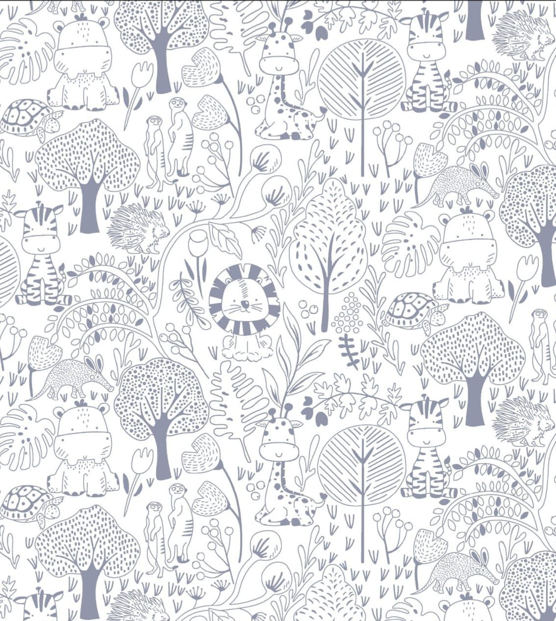 Blue and white jungle animal wallpaper featuring giraffes, lions, hippos, and trees in a whimsical illustrated pattern.