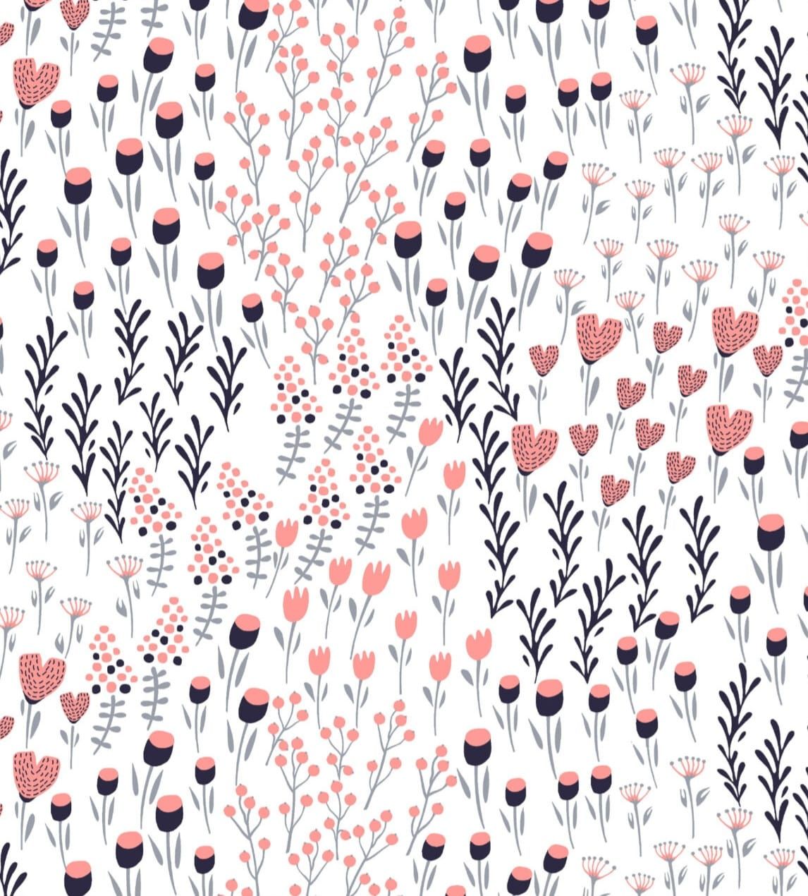 Seamless floral pattern with pink and navy botanical illustrations on white background.