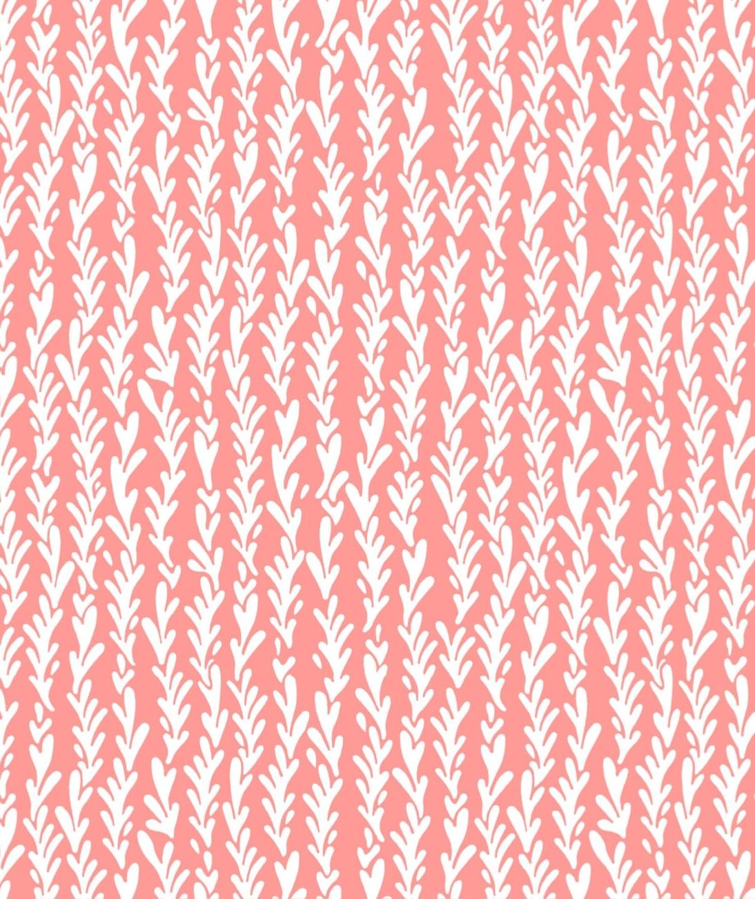 Coral pink and white repeating leaf vine pattern fabric with delicate botanical design.