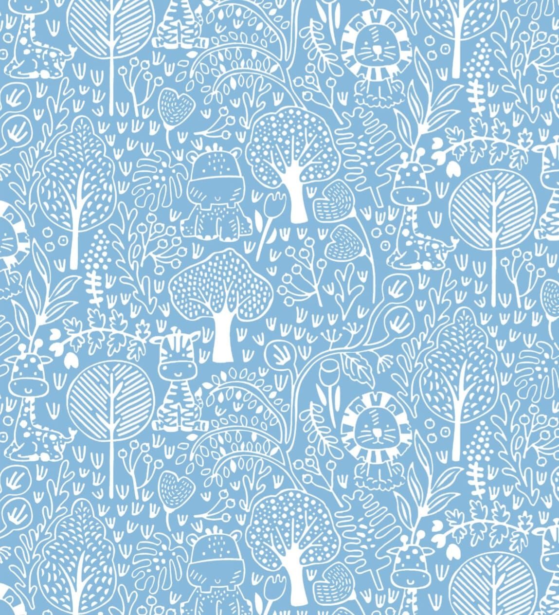 Blue and white illustrated jungle wallpaper featuring lions, trees, and woodland animals in a charming hand-drawn pattern.