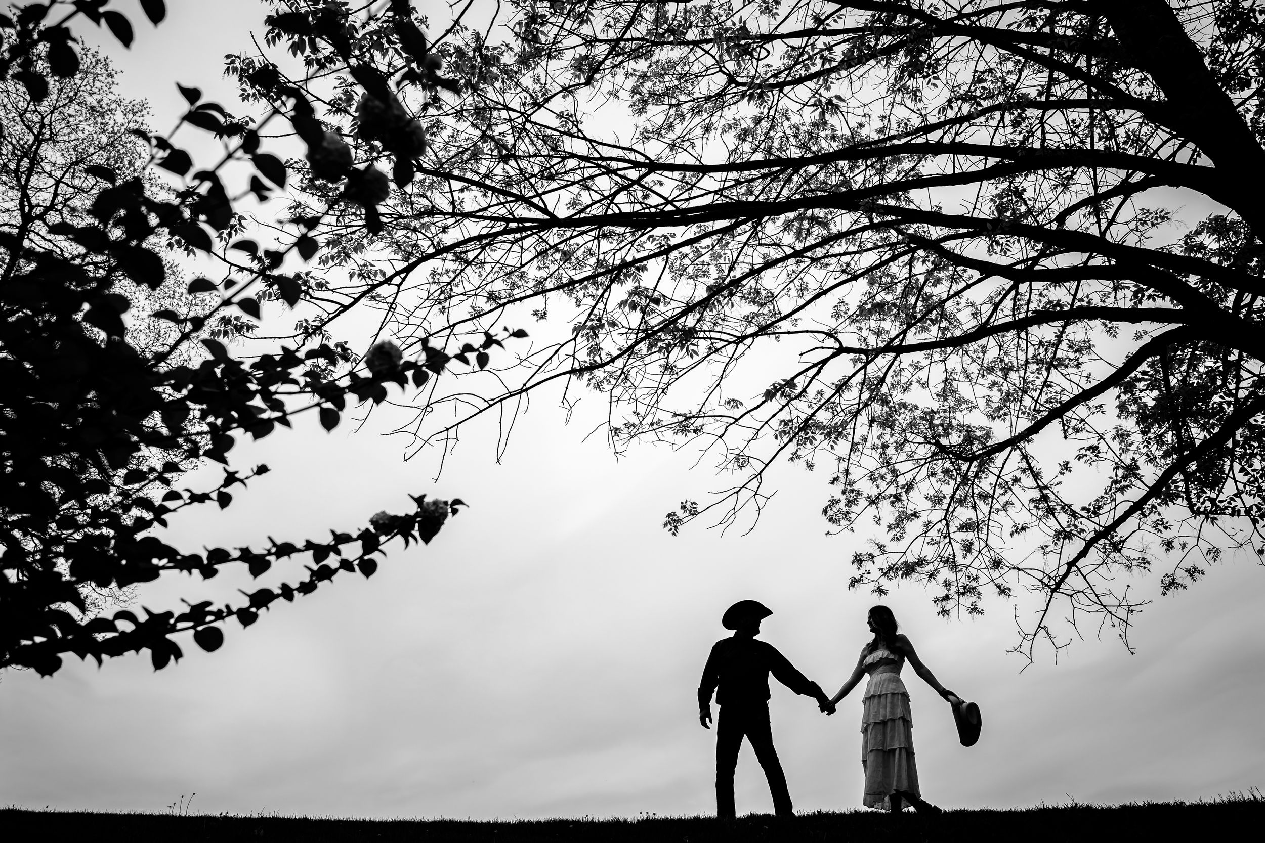 Romantic silhouette of a couple holding hands under a large tree in a black and white outdoor photo.