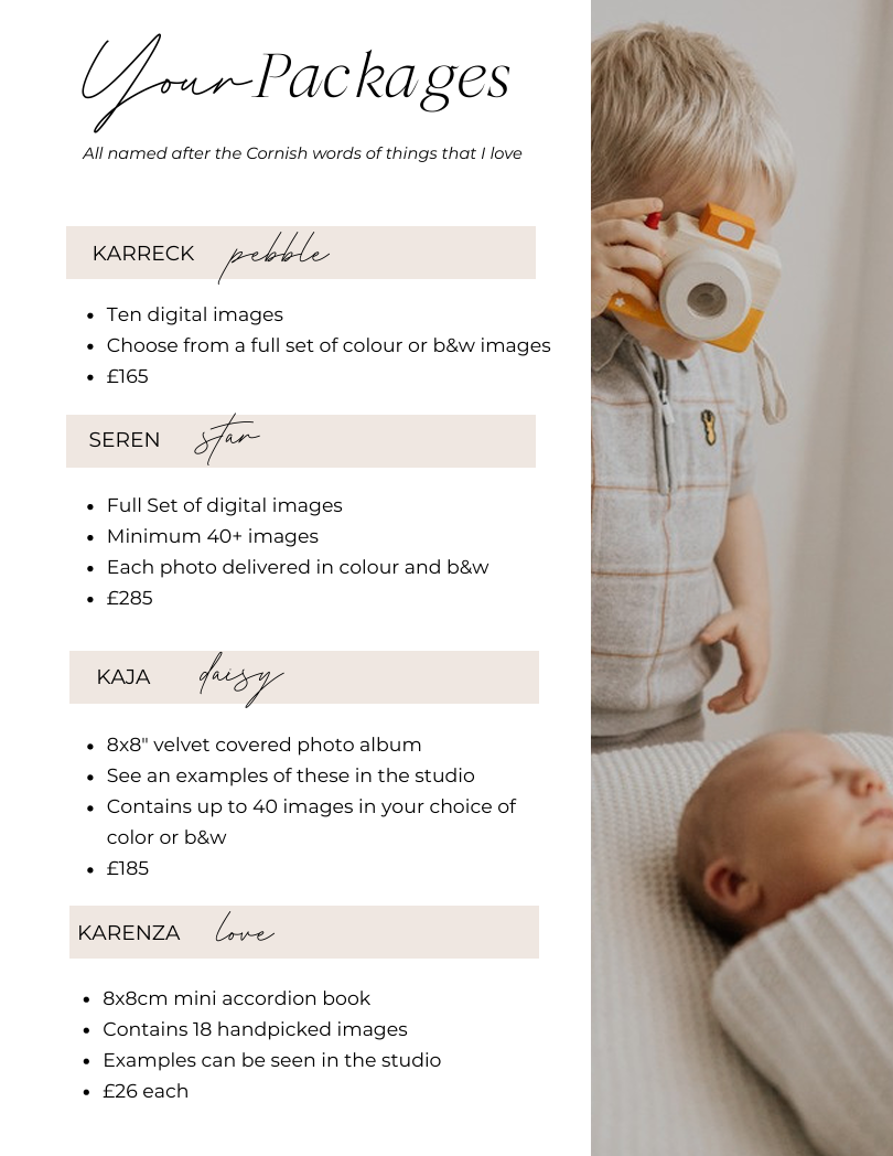 Photography packages and prices for Cornwall new born photographer in South East Cornwall.