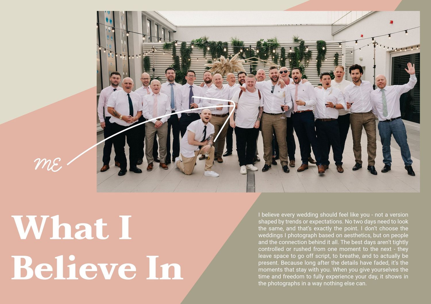 Wedding photographer posing with a large group of groomsmen in white shirts outdoors at a sunny venue.