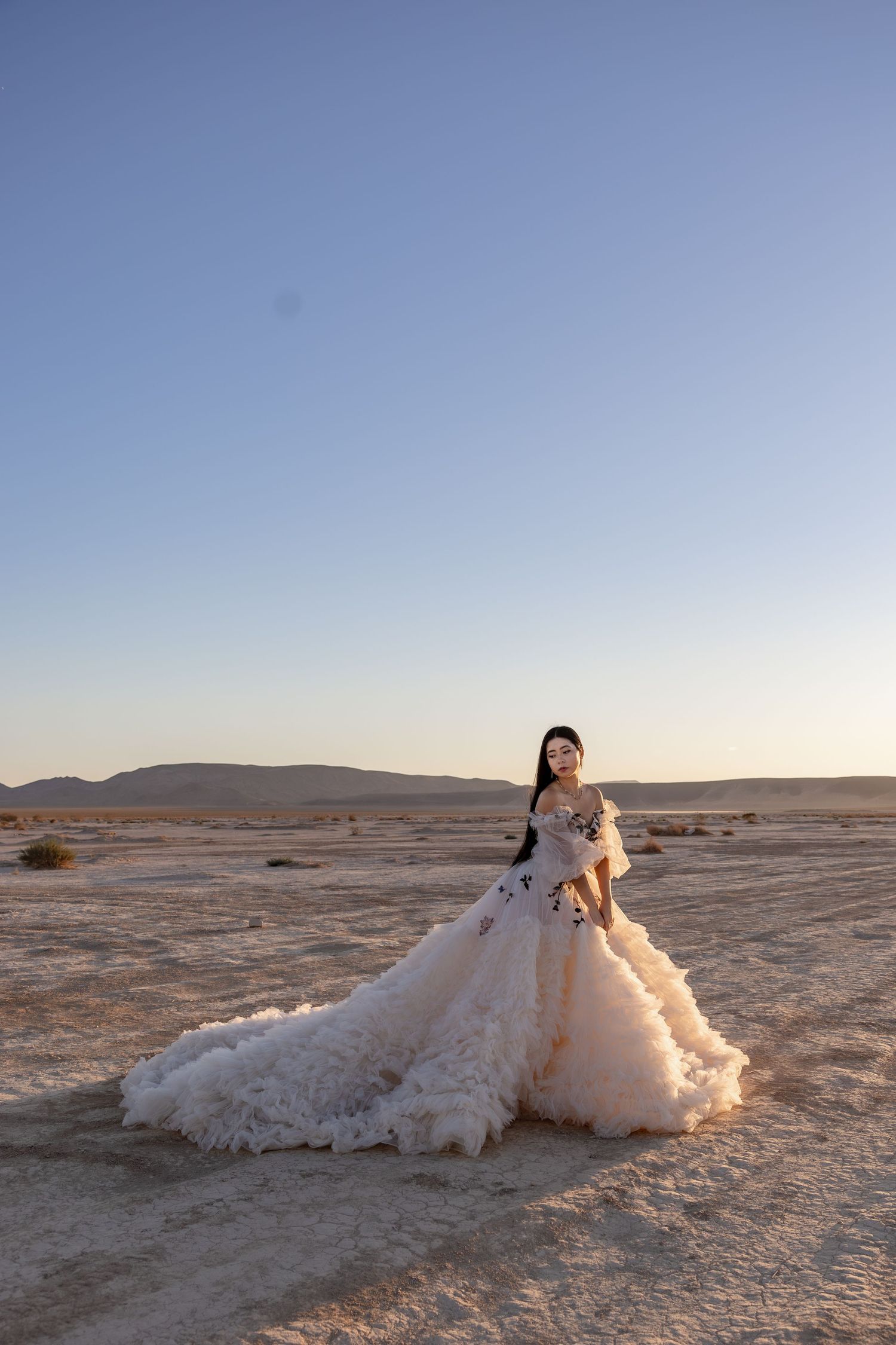 A figure in a flowing white wedding dress poses dramatically against a desert landscape at sunset.