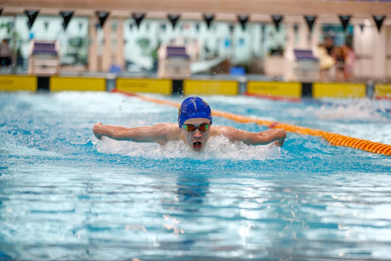 Swimmer performing butterfly stroke in competitive pool race.