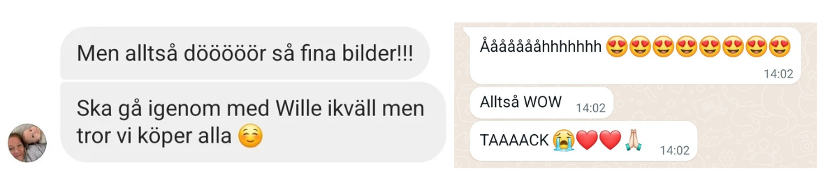 Text message conversation in Swedish with emojis showing heart and crying faces.