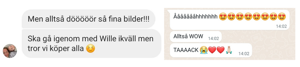 Text message conversation in Swedish with emojis showing heart and crying faces.
