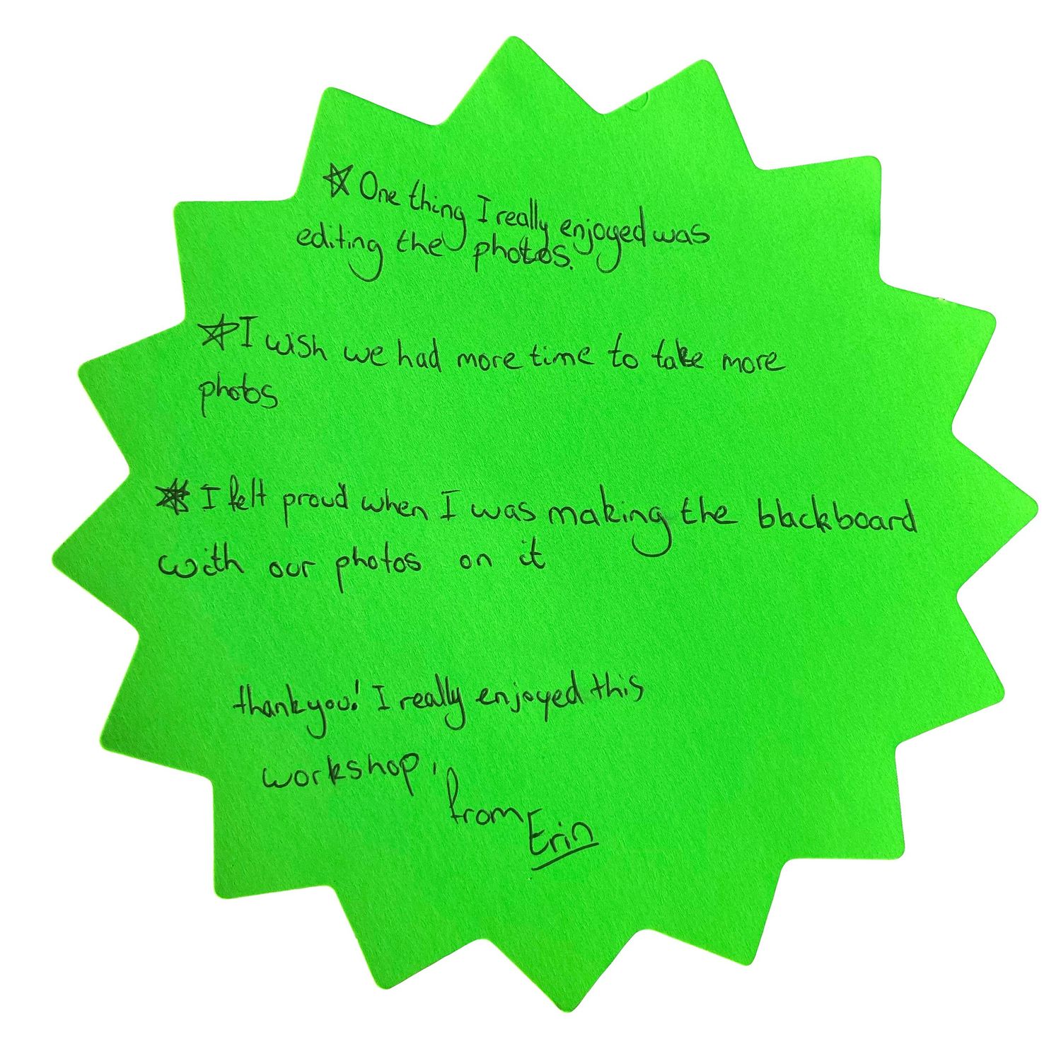 Green star-shaped sticky notes containing handwritten workshop feedback.