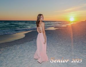 A figure in a pink dress stands on a beach at sunset with waves rolling onto the shore and golden sunlight on the horizon.