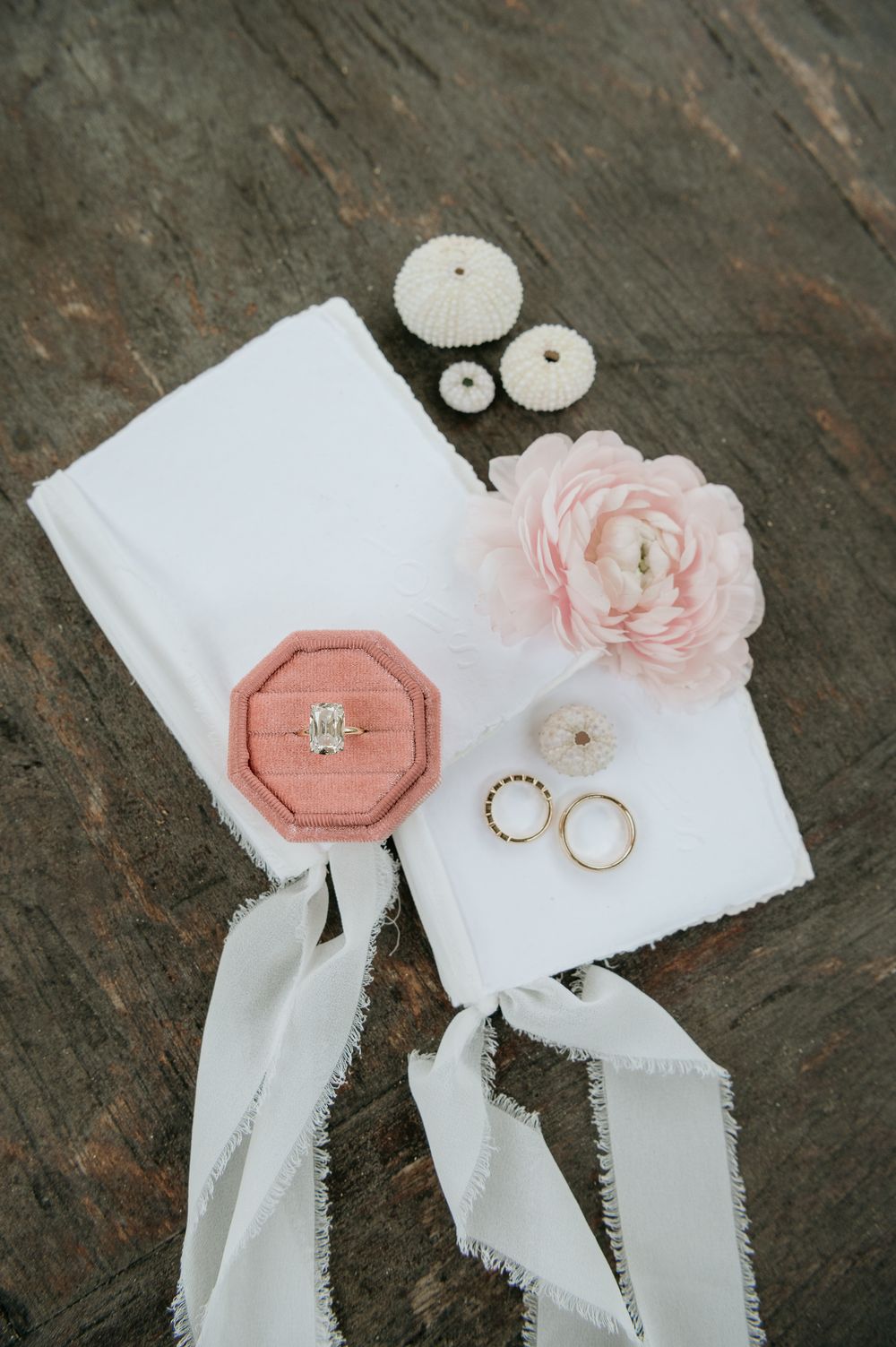 Wedding details with pink rose, rings, pink octagonal ring box, white fabric, and sea urchin decorations on dark wood.