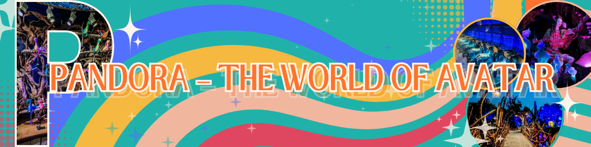 A colorful promotional banner for Pandora: The World of Avatar featuring wavy rainbow stripes on a turquoise background.