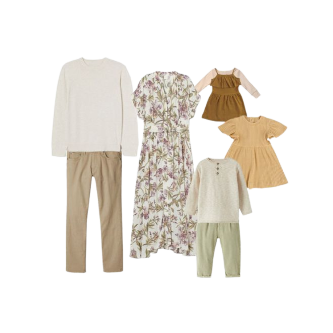 Collection of coordinated neutral family outfits featuring floral prints and earth tones.
