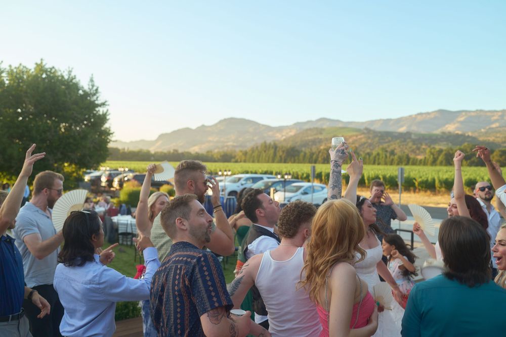 Wedding guests dancing outdoors at sunset with scenic mountain and vineyard backdrop.