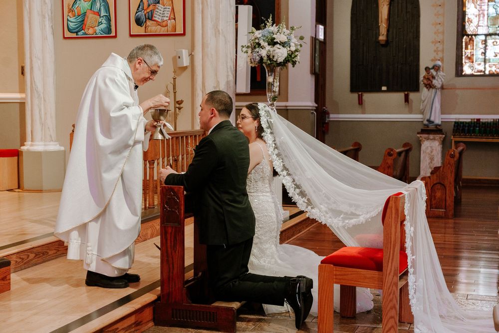 A series of photos showing a religious ceremony in a church with clergy members performing traditional rituals at the altar.