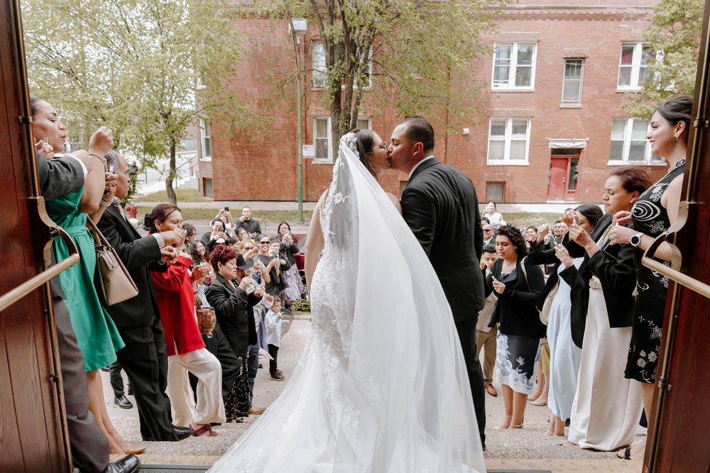 A collage of wedding celebration moments captured outside a brick building with guests and decorative details.