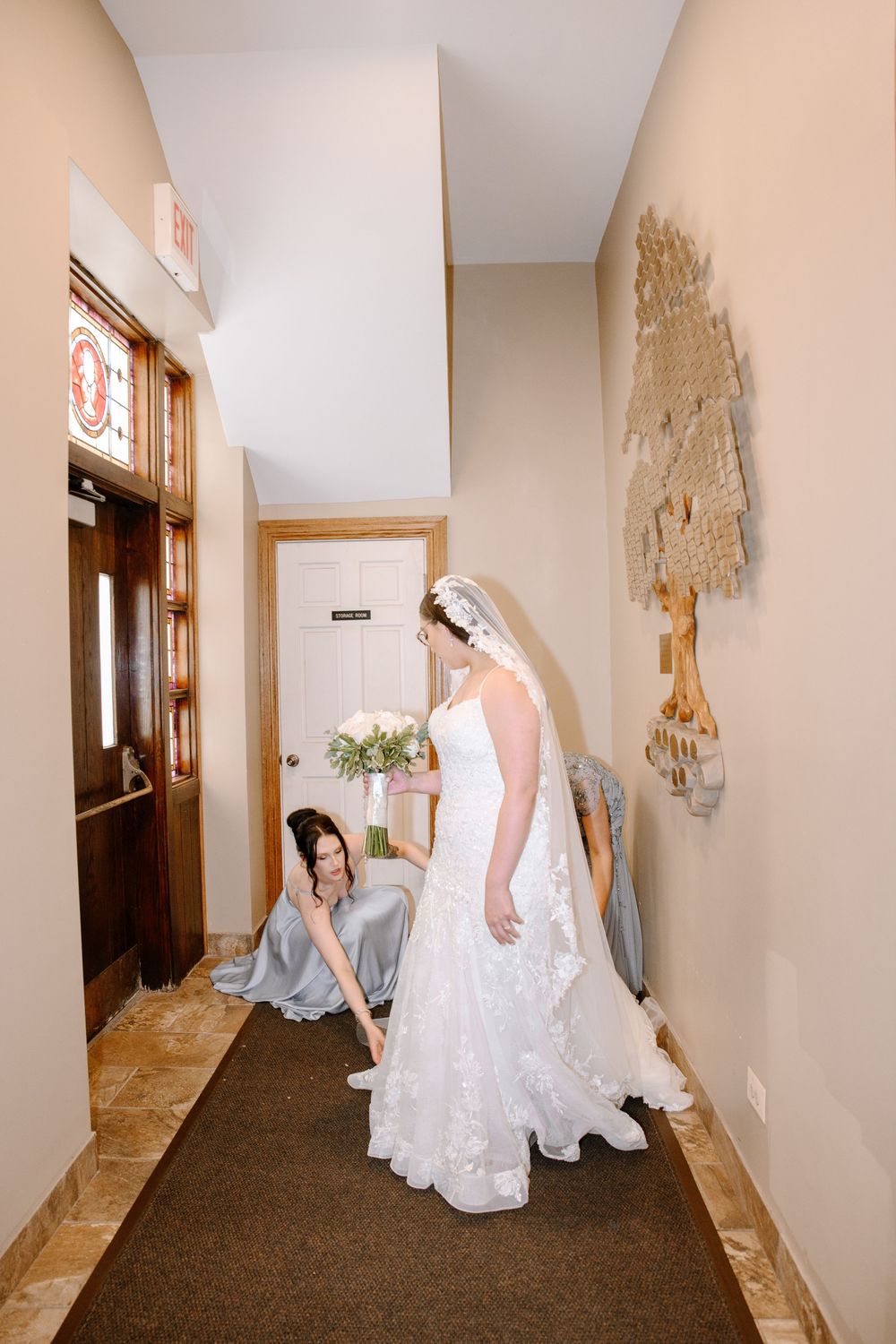 Series of images showing a white wedding dress flowing through a hallway corridor in preparation for a ceremony.