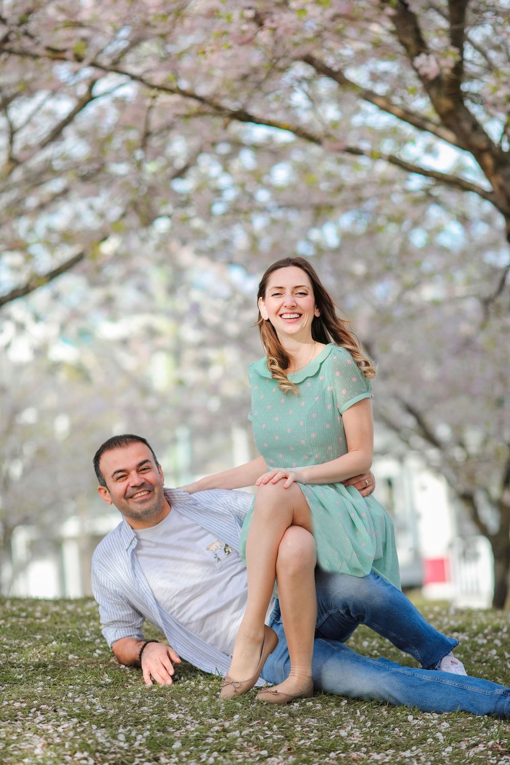 Vancouver anniversary photography with cherry blossoms in bloom