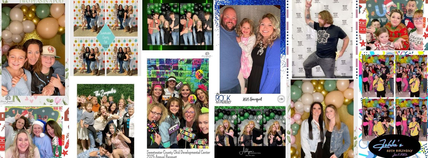 Collection of photo booth style images showing groups of people posing and celebrating together at a special event.