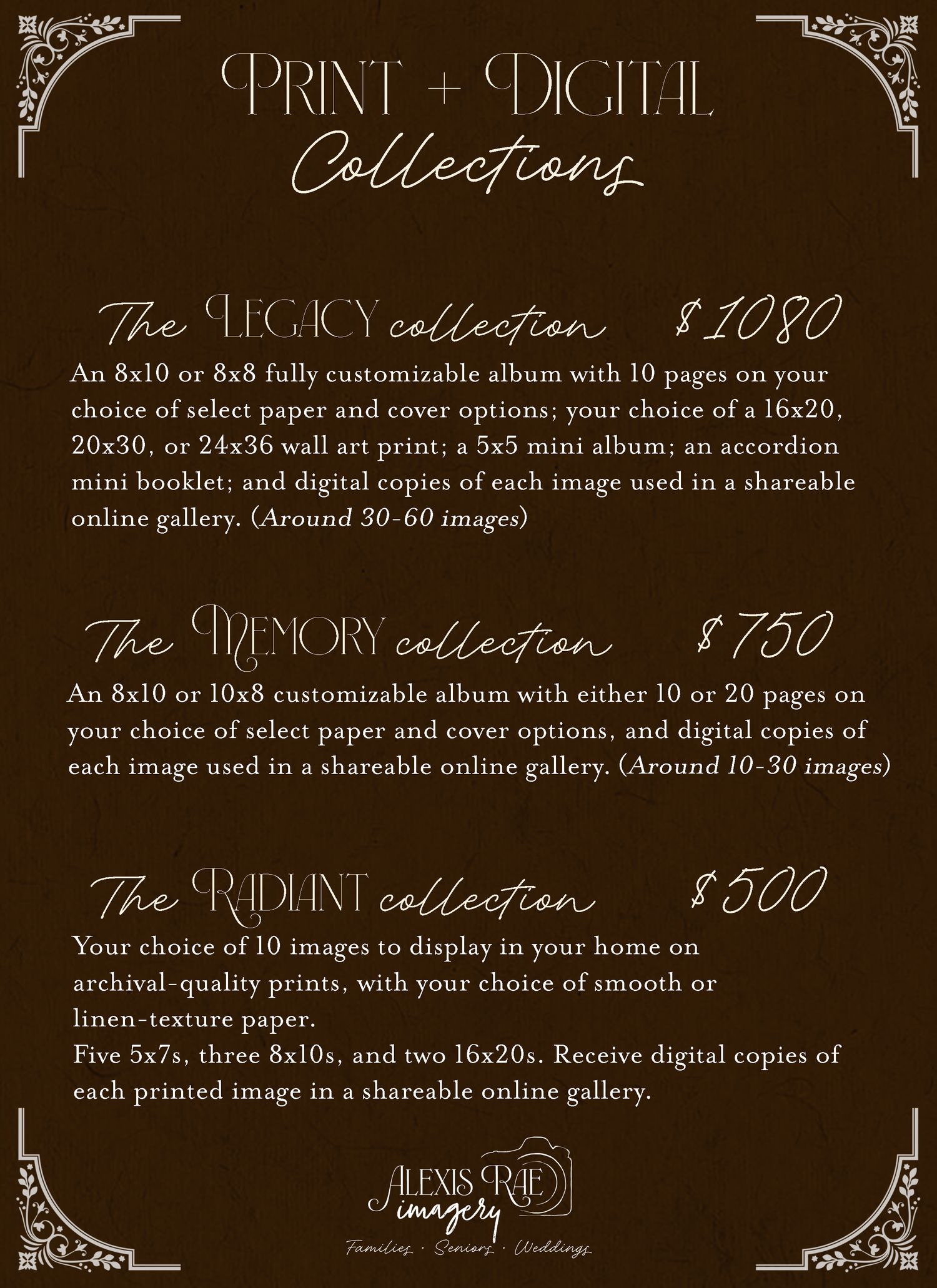 Vintage ornate pricing menu design displaying collection packages with elegant borders and calligraphy text in sepia tones.