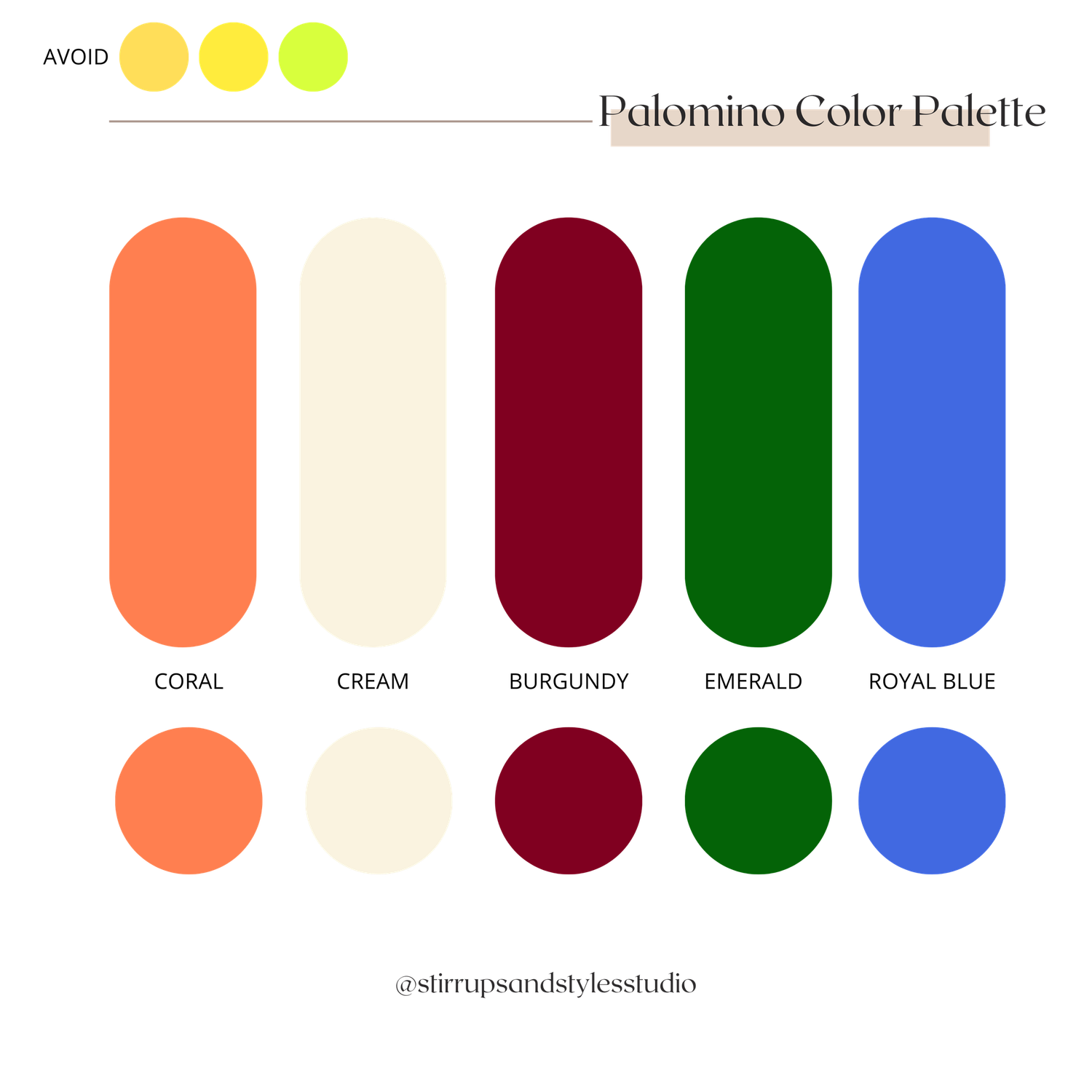 A color palette showing coral, cream, burgundy, emerald, and royal blue swatches arranged in rows with rounded rectangular shapes.