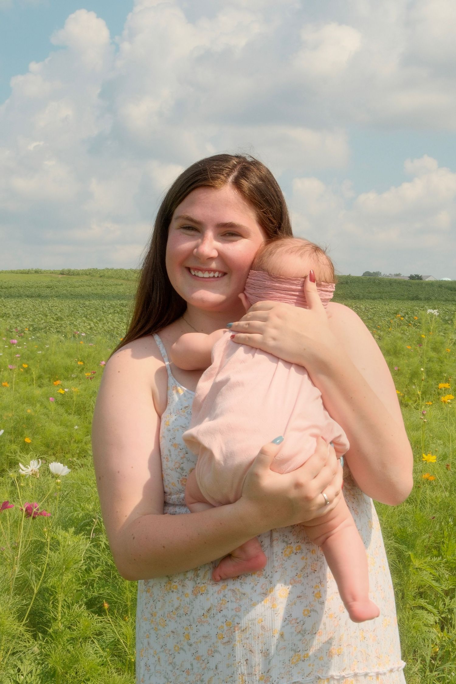 Joyful moments captured in a wildflower field on a bright sunny day.