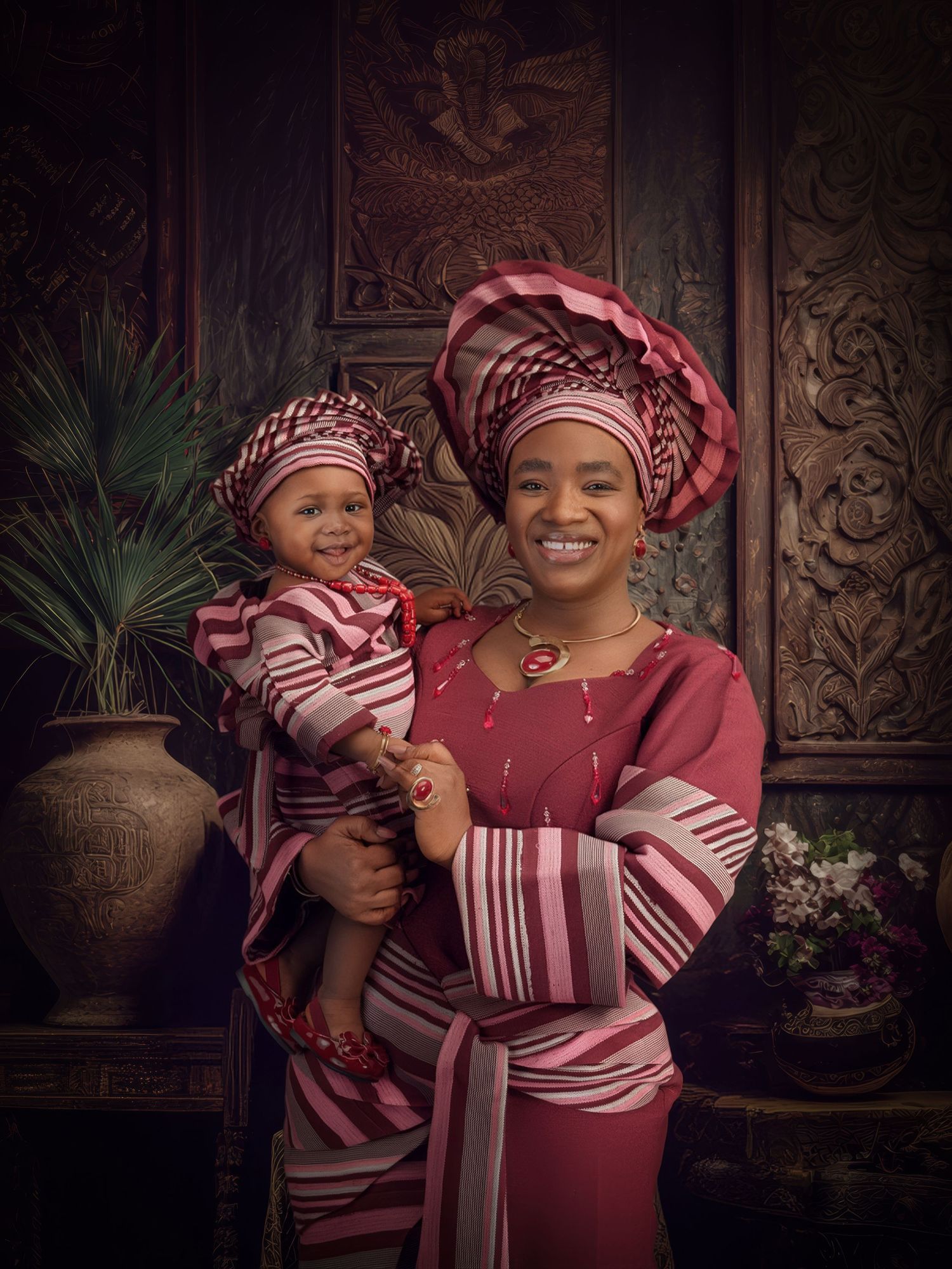 A joyful photo session featuring coordinating burgundy and striped outfits against an ornate backdrop with potted plants.
