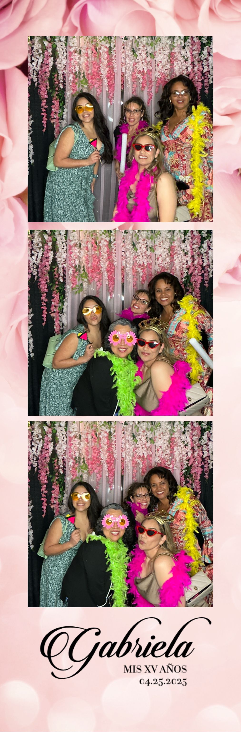 Photo booth strip with festive props and pink floral backdrop at Gabriela's XV Anos party.