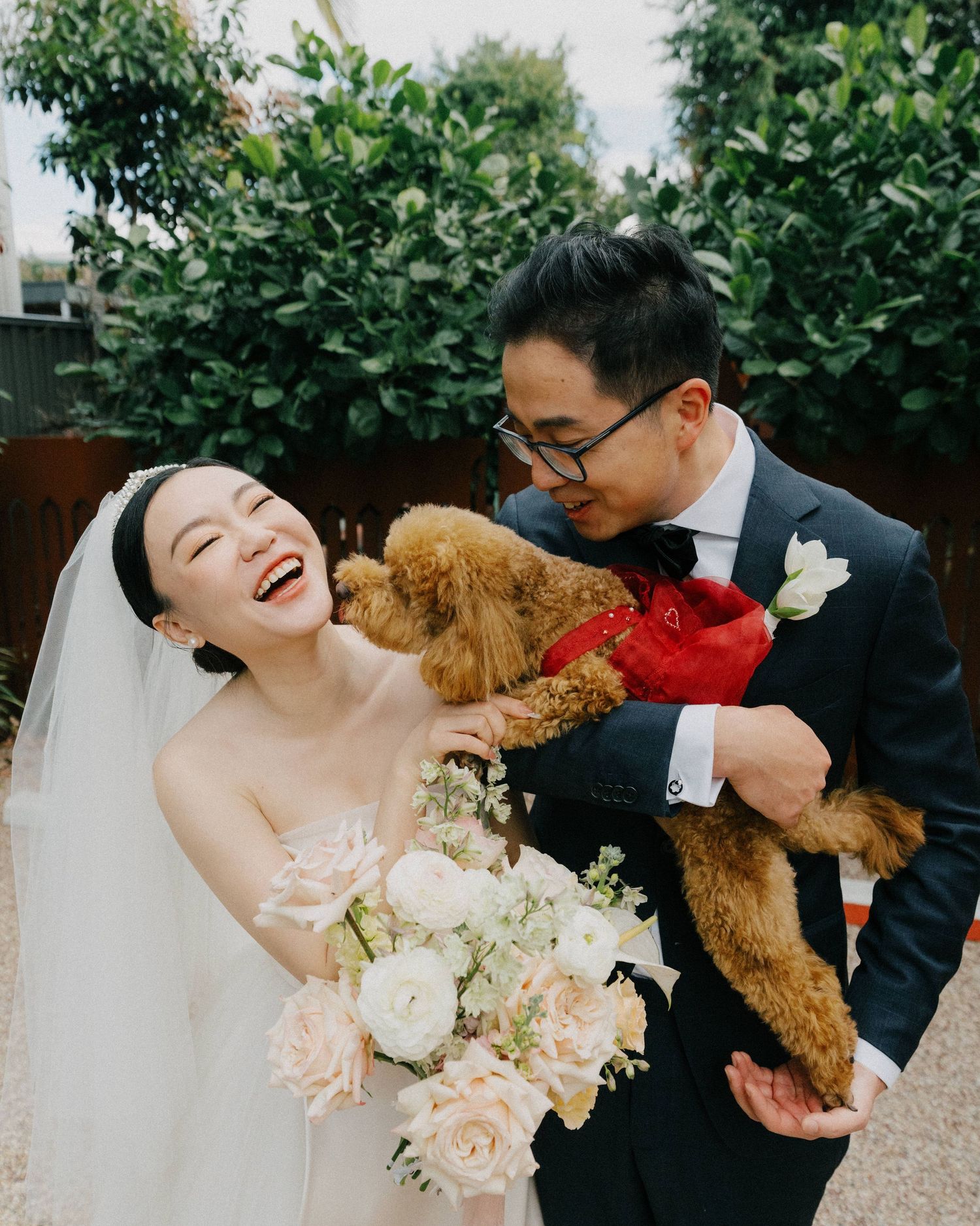 "Pre-wedding photoshoot with couple and dog in Brisbane park"