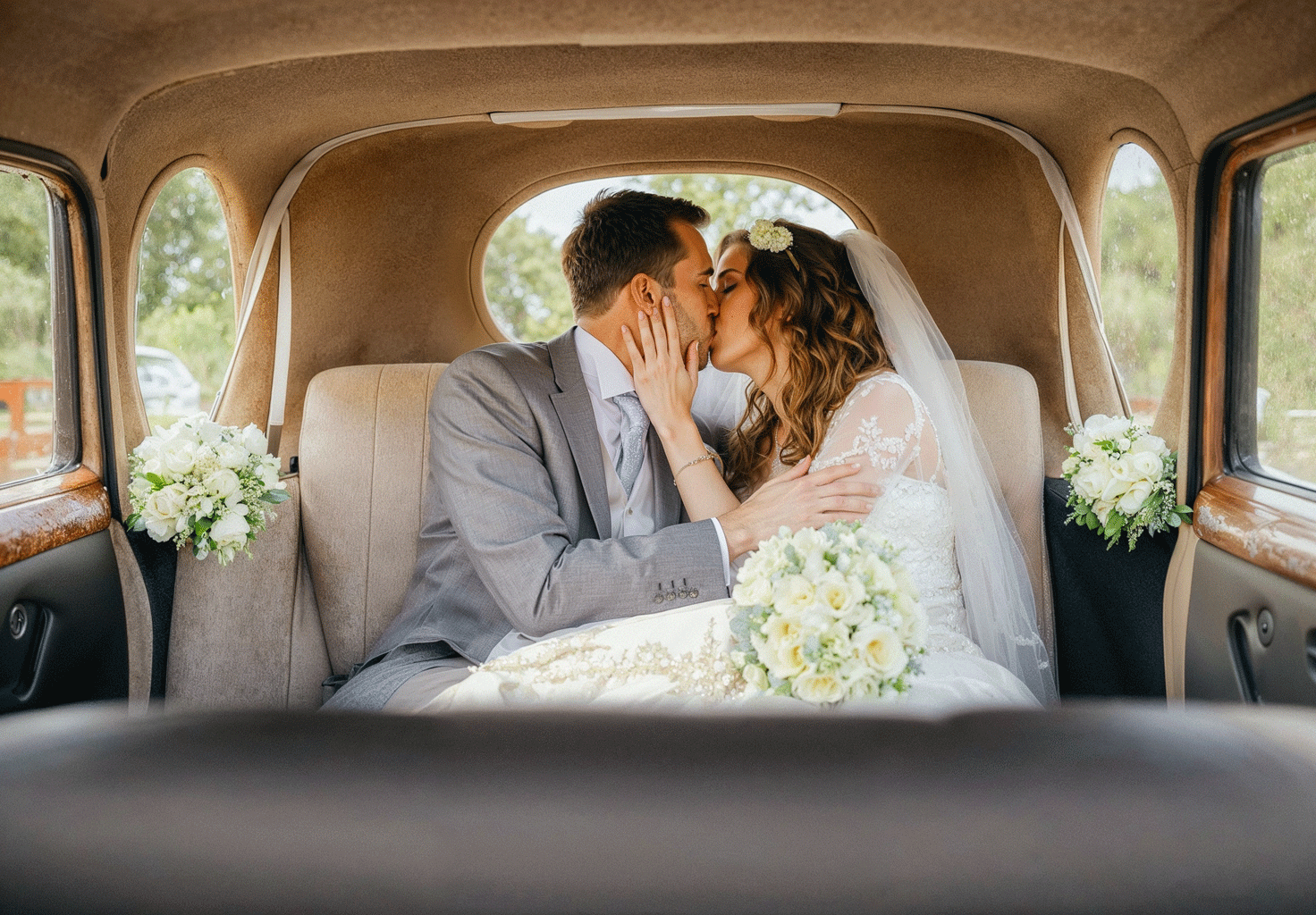 A bride and groom share a romantic kiss in the back seat of a vintage car decorated with white floral bouquets.