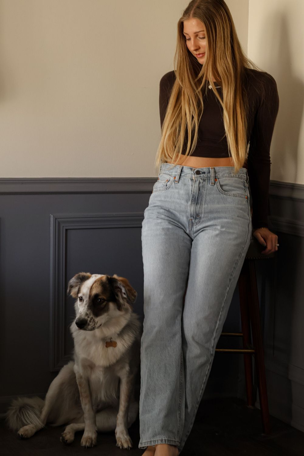 Two dogs sitting beside someone wearing light jeans in a room with grey wainscoting.