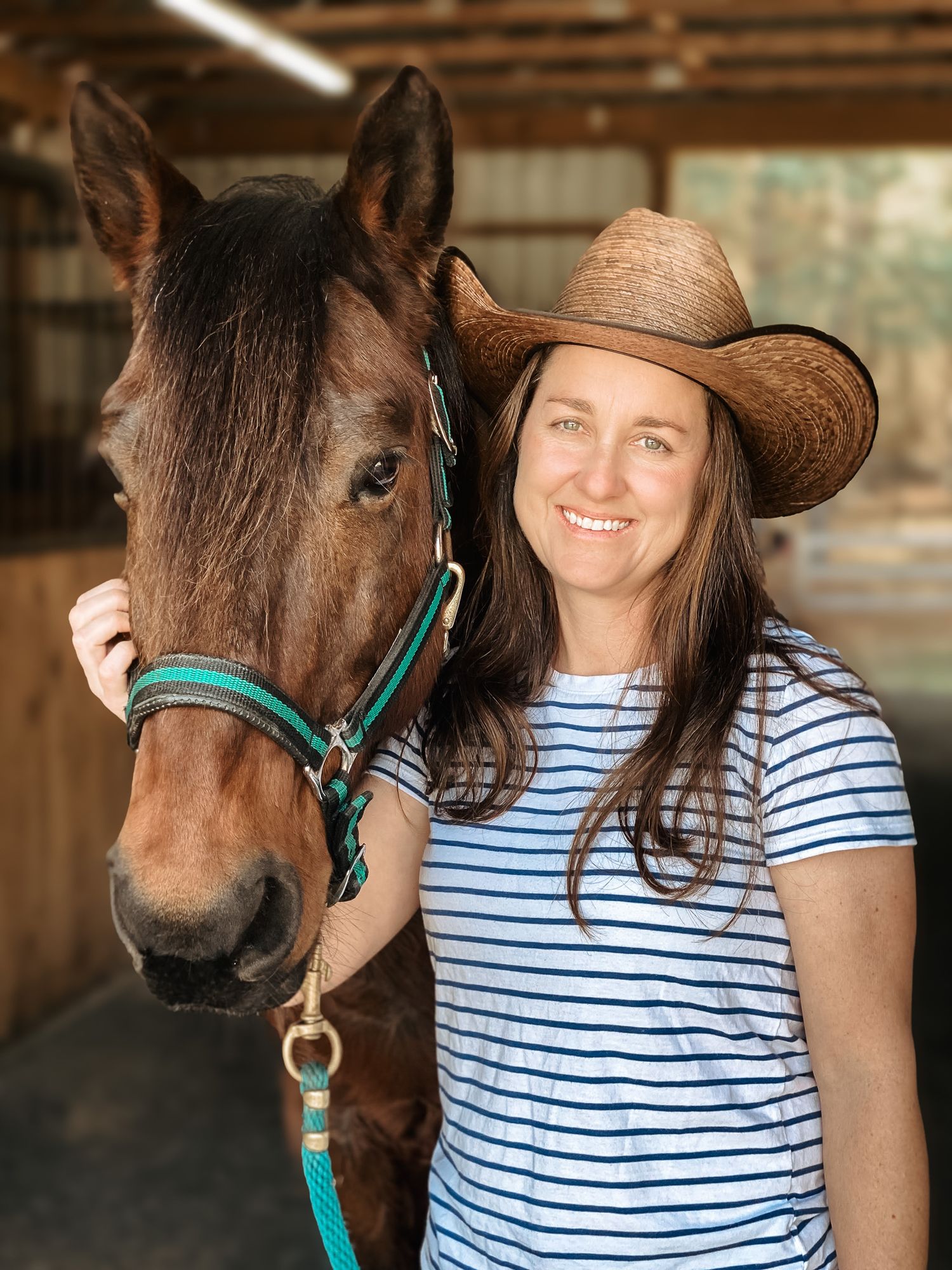 A brown horse wearing a turquoise halter stands next to someone in a striped shirt and cowboy hat in a barn setting.