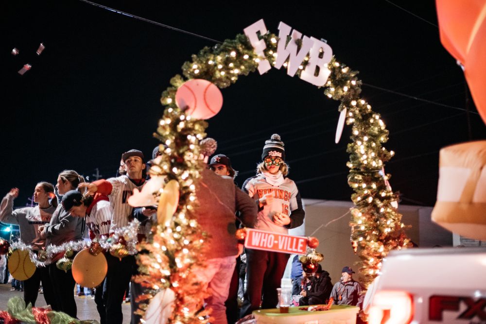 Holiday display with twinkling lights and decorations illuminated against dark night sky.