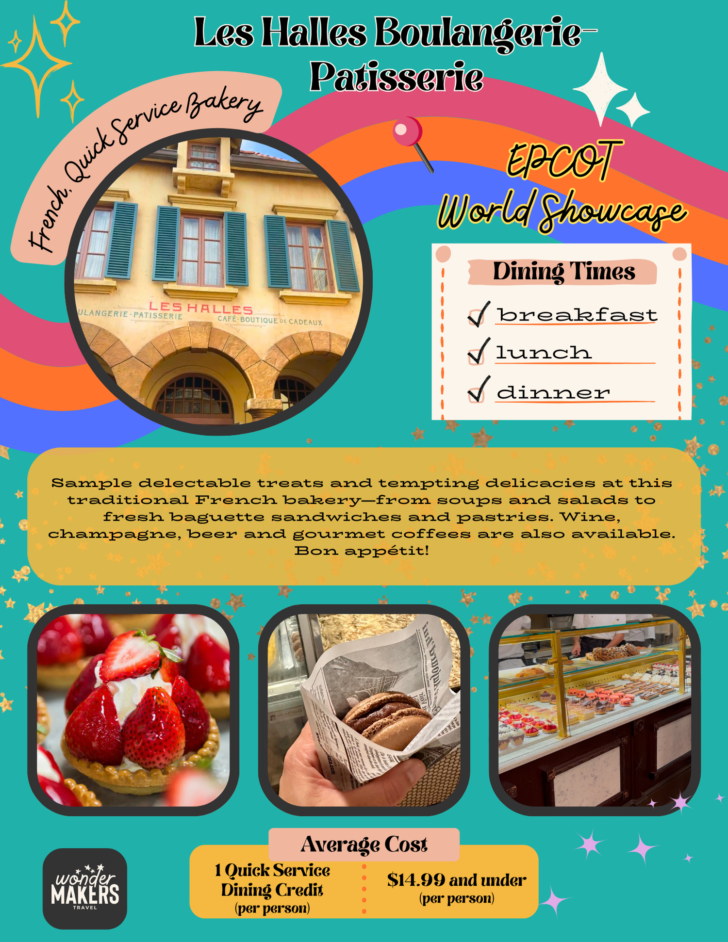 A colorful menu board for Les Halles Boulangerie Patisserie featuring French pastries and dining options at EPCOT.