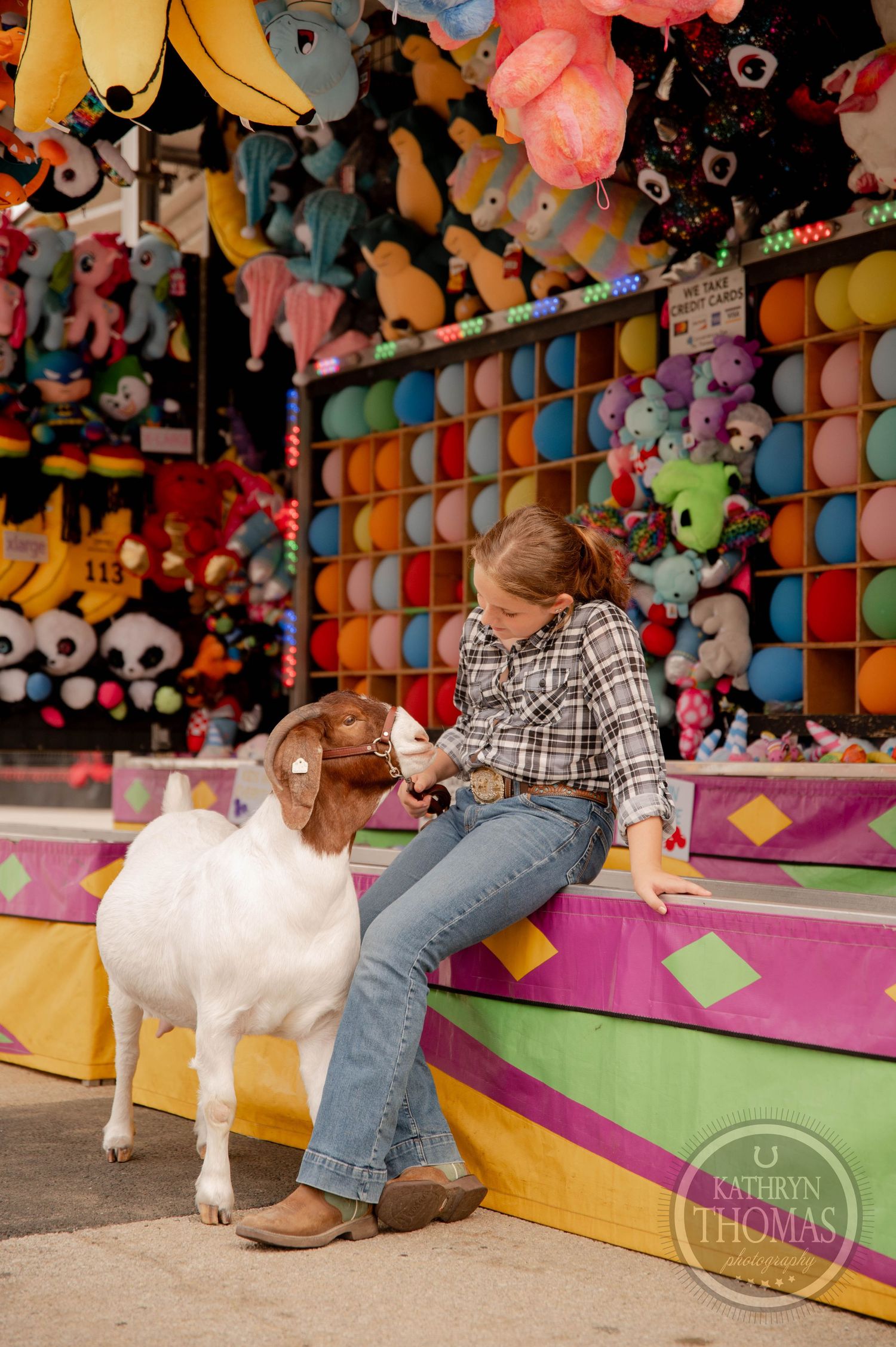 Colorful carnival game booth displays stuffed animals while goat rests nearby.