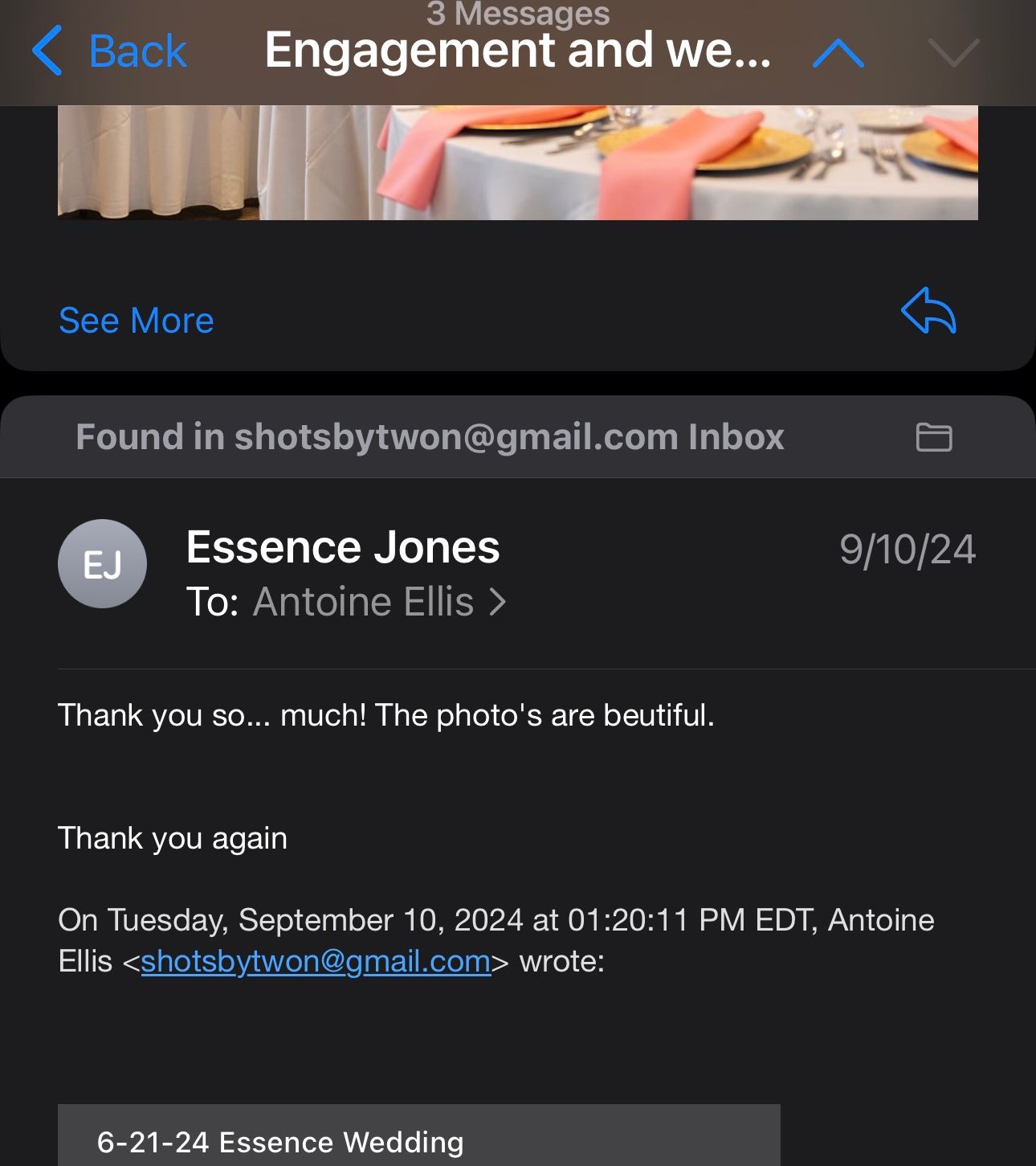 Email screenshot showing appreciation message for wedding photos.
