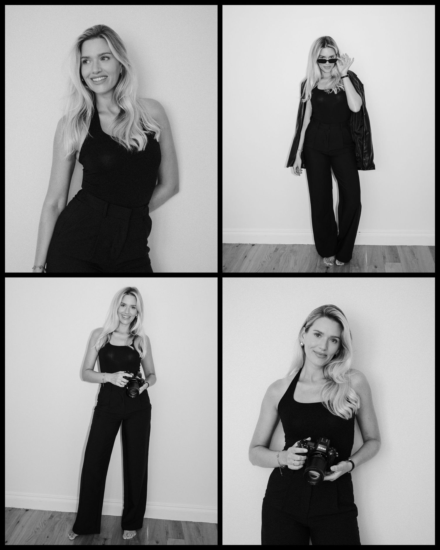 editorial, documentary wedding photographer in an elegant black outfit against a white wall.