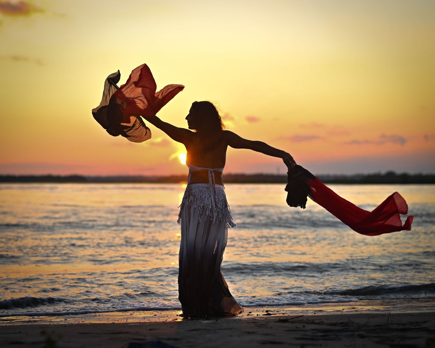 A silhouette stands on a beach at sunset holding flowing fabric that waves gracefully in the breeze against a golden sky.