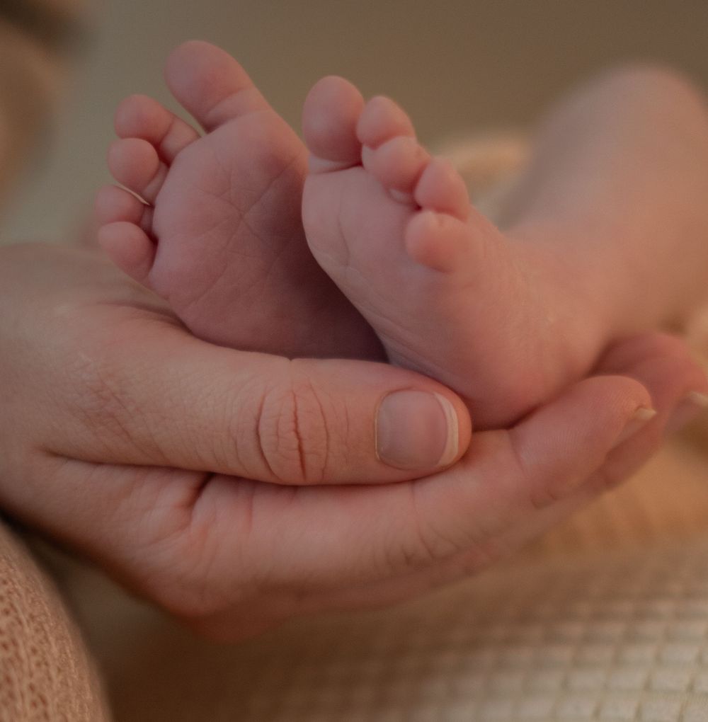 A close-up series of tender moments showing tiny baby feet being gently held by caring hands in warm lighting.