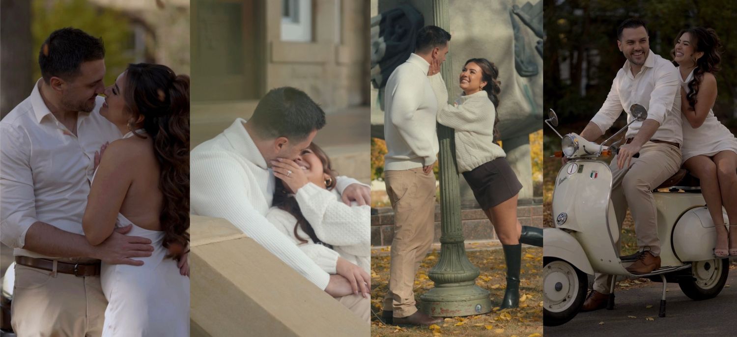 Wedding photography series showing romantic moments between couples in formal attire.