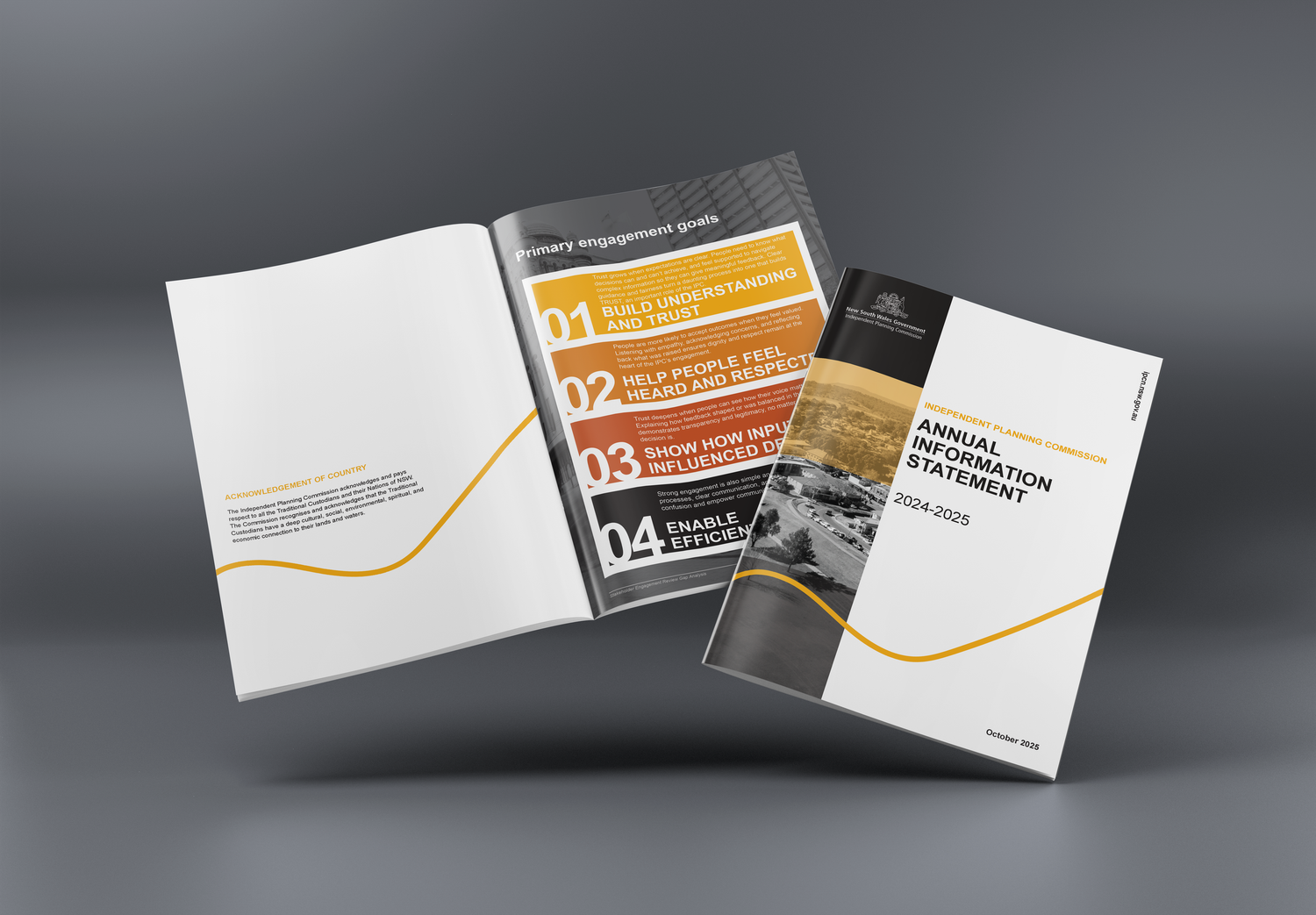Three floating business brochures with orange and gray design elements showcasing modern corporate marketing materials.