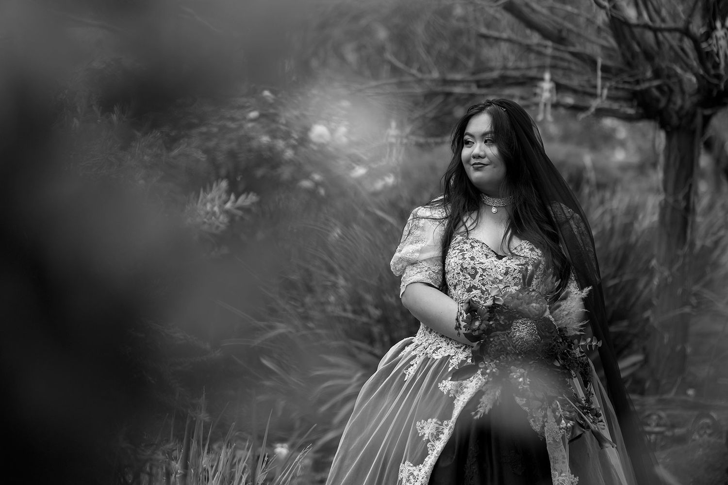 Kat and Alex's Lake Eppalock Halloween Wedding captured in B + W  by Jason Robins, 2025 NZIPP Australian Wedding Photographer of the Year.