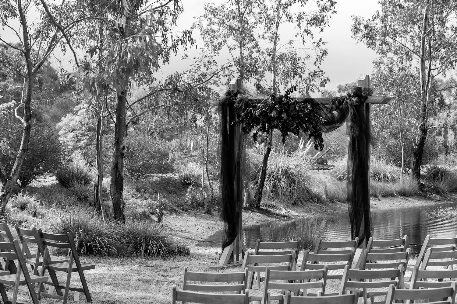 Kat and Alex's Lake Eppalock Halloween Wedding captured in B + W  by Jason Robins, 2025 NZIPP Australian Wedding Photographer of the Year.