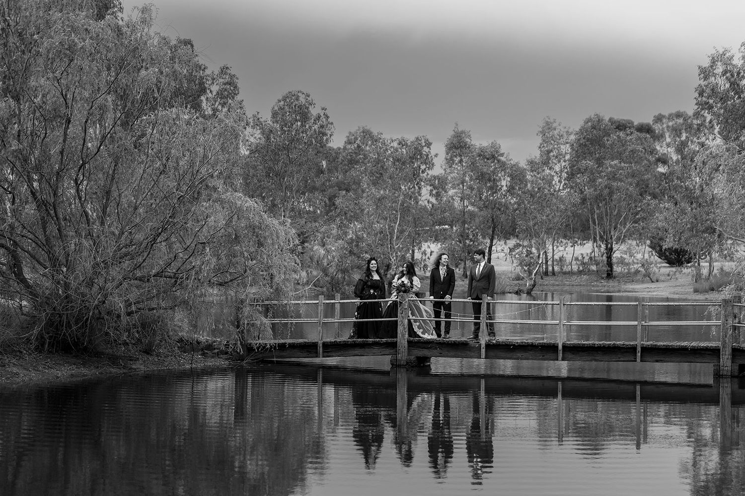 Kat and Alex's Lake Eppalock Halloween Wedding captured in B + W  by Jason Robins, 2025 NZIPP Australian Wedding Photographer of the Year.