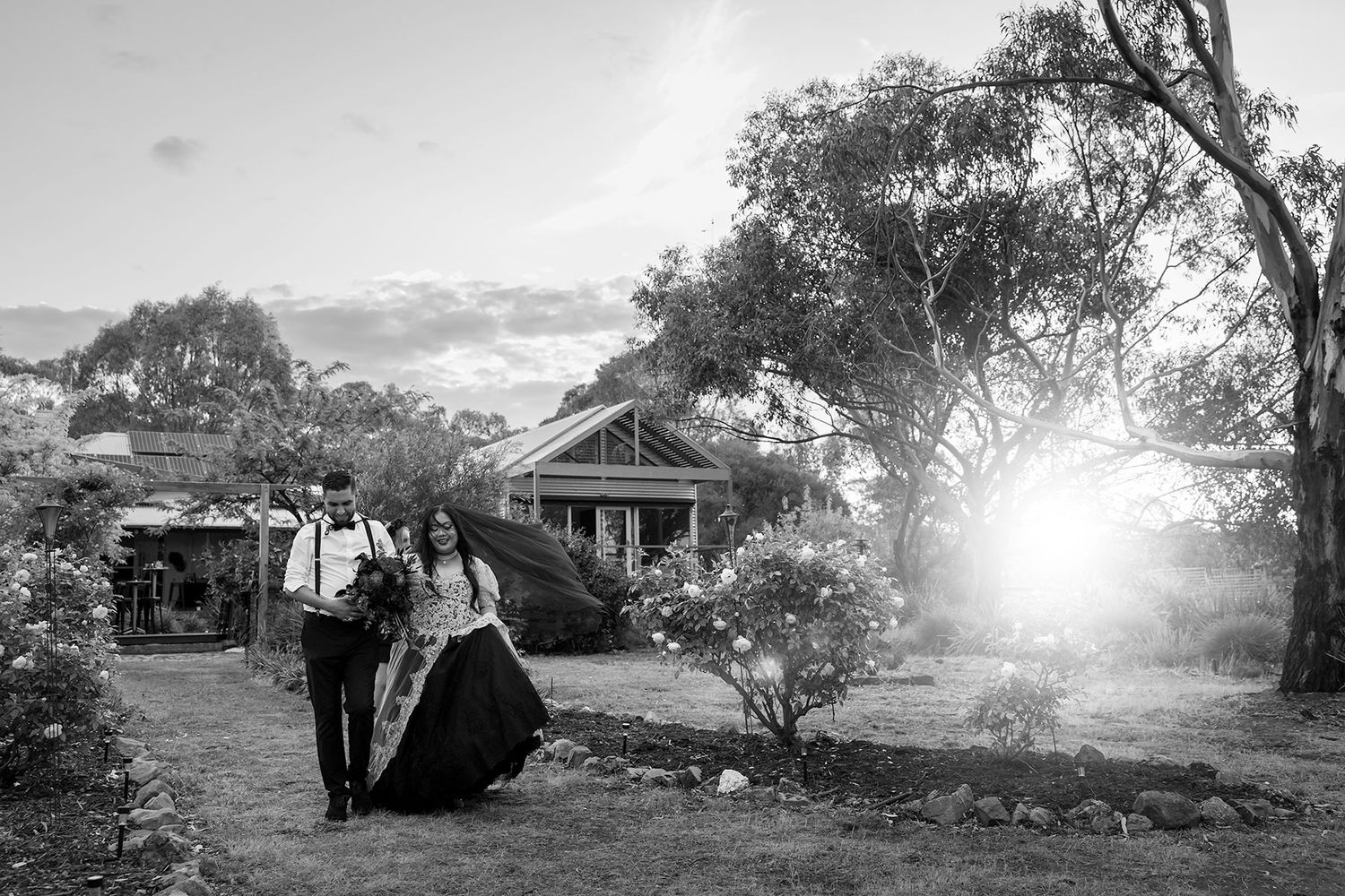 Kat and Alex's Lake Eppalock Halloween Wedding captured in B + W  by Jason Robins, 2025 NZIPP Australian Wedding Photographer of the Year.