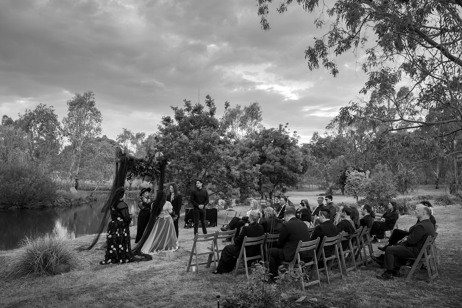 Kat and Alex's Lake Eppalock Halloween Wedding captured in B + W  by Jason Robins, 2025 NZIPP Australian Wedding Photographer of the Year.